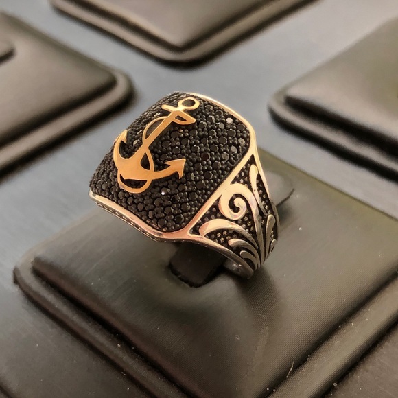 925 Sterling Silver Men Square Anchor Ring ⚓️ - Picture 1 of 7